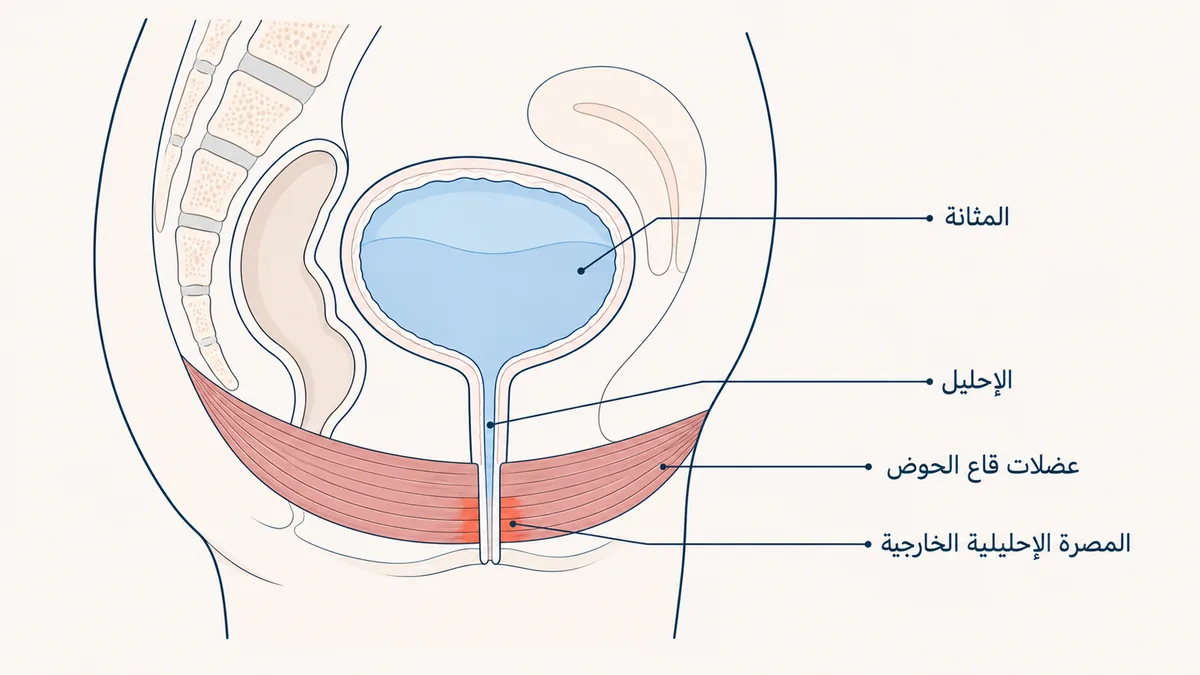 رسمٌ توضيحيٌّ لتشريح المسالك البولية السفلية عند المرأة يوضّح المثانة والإحليل وعضلات قاع الحوض مع إبراز المصرة الإحليلية الخارجية كجزءٍ من هذه العضلات