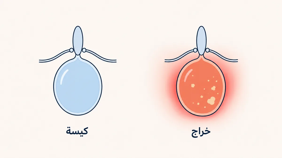 رسمٌ توضيحيٌّ يقارن كيسة غدة سكين وهي تجمّع سائل دون التهاب بخراج غدة سكين وهو تجمّع قيحي مع التهاب واحمرار